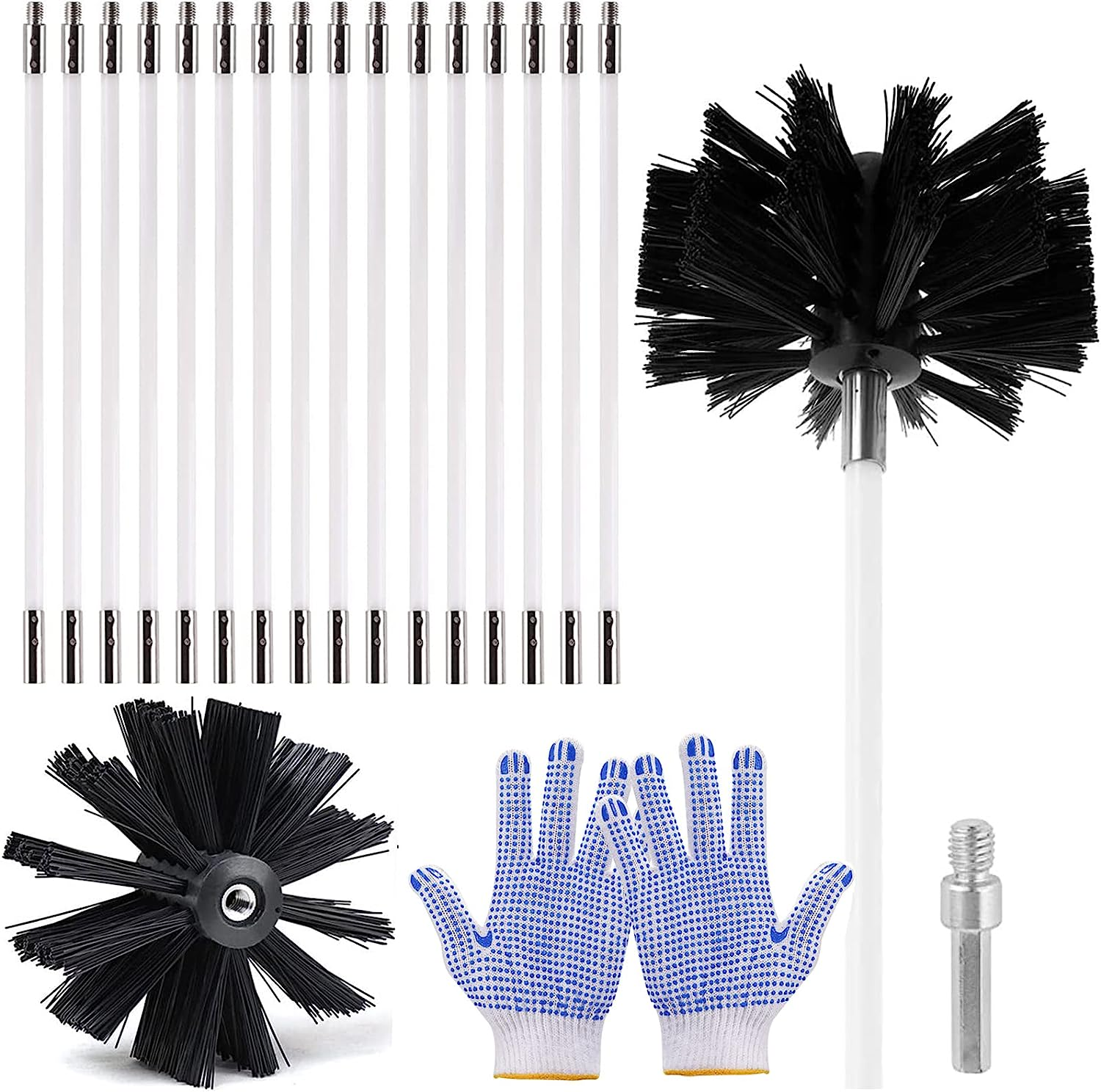21.5Ft Chimney Cleaner Brush Kit, Duct Vent Rotary Cleaning Set,With 16 Flexible Rods, Brush Head, Gloves, Hexagonal Bar Chimney Sweep Kit for Fireplace/Dryer Vent/Sewage Pipe (Sets of 19Pcs)