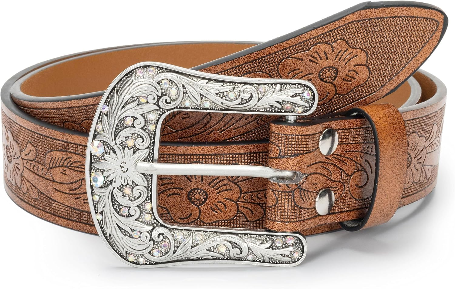 Women Vintage Western Cowboy Belts - Pu-Leather Western Engraved Bling Belt Buckle Cowgirl Waist Belt for Jeans Pants Dresses