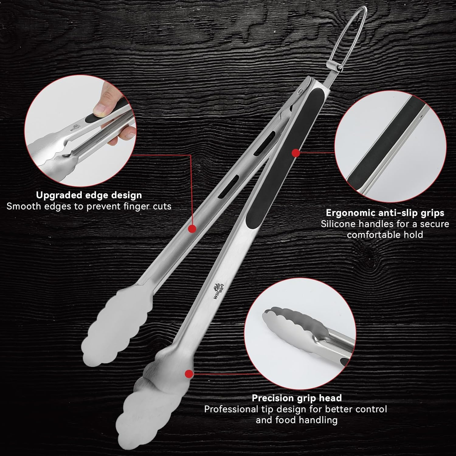 Willbbq Stainless Steel BBQ Tongs Set of 2 &ndash; 9" & 12", Heavy Duty Cooking Tongs with Locking Ring & Non-Slip Grip, Ideal for Grilling, BBQ, Kitchen & Serving image number 2