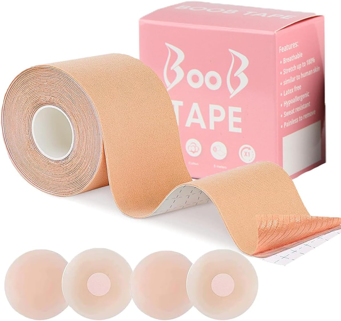 Boob Tape 2 & 3 Inch Boobtape Boobytape for Breast Lift,1 Roll 16 Ft Booby Tape for Bob Lift with 2 Pairs Breast round Adhesive Bra image number 3