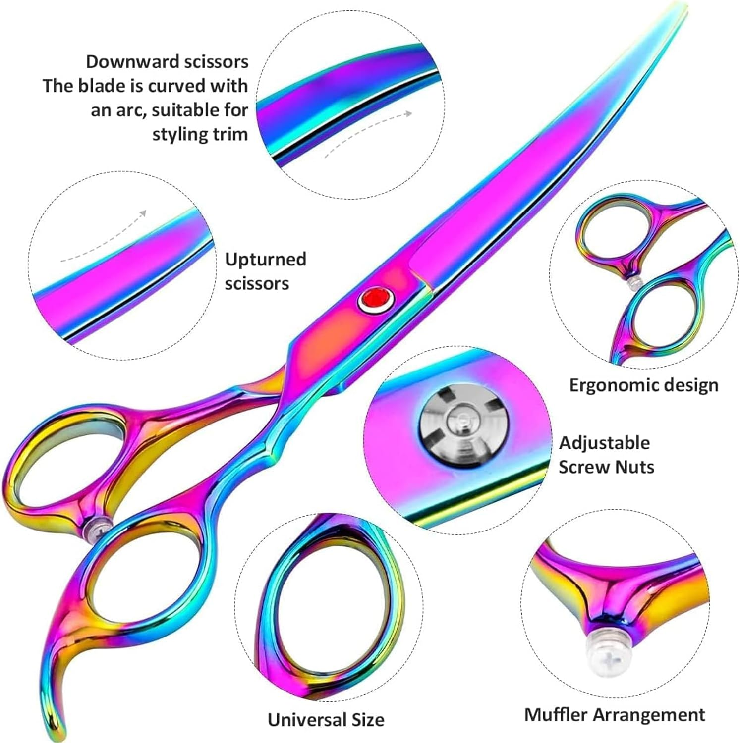 Visuivit Professional Dog Grooming Scissors Set 18Cm/7 Inch, 8 Piece Dog Grooming Shears - Dog Hair Trimming- 6CR Steel Pet Grooming Scissors Kit (Rainbow) - Black image number 2
