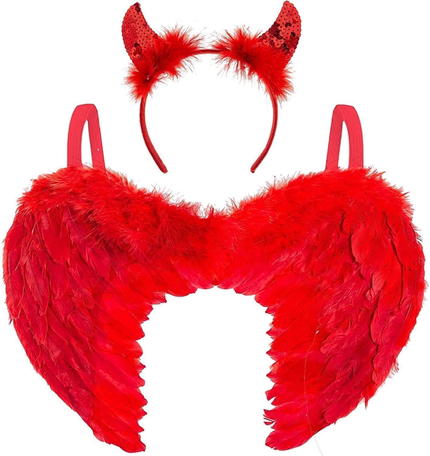 Red Angel Wings and Sequin Devil Horns - Red Feather Wings and Horns Headband - Halloween or Carnival Party Costume, Children or Adults Fancy Dress Outfit image number 6