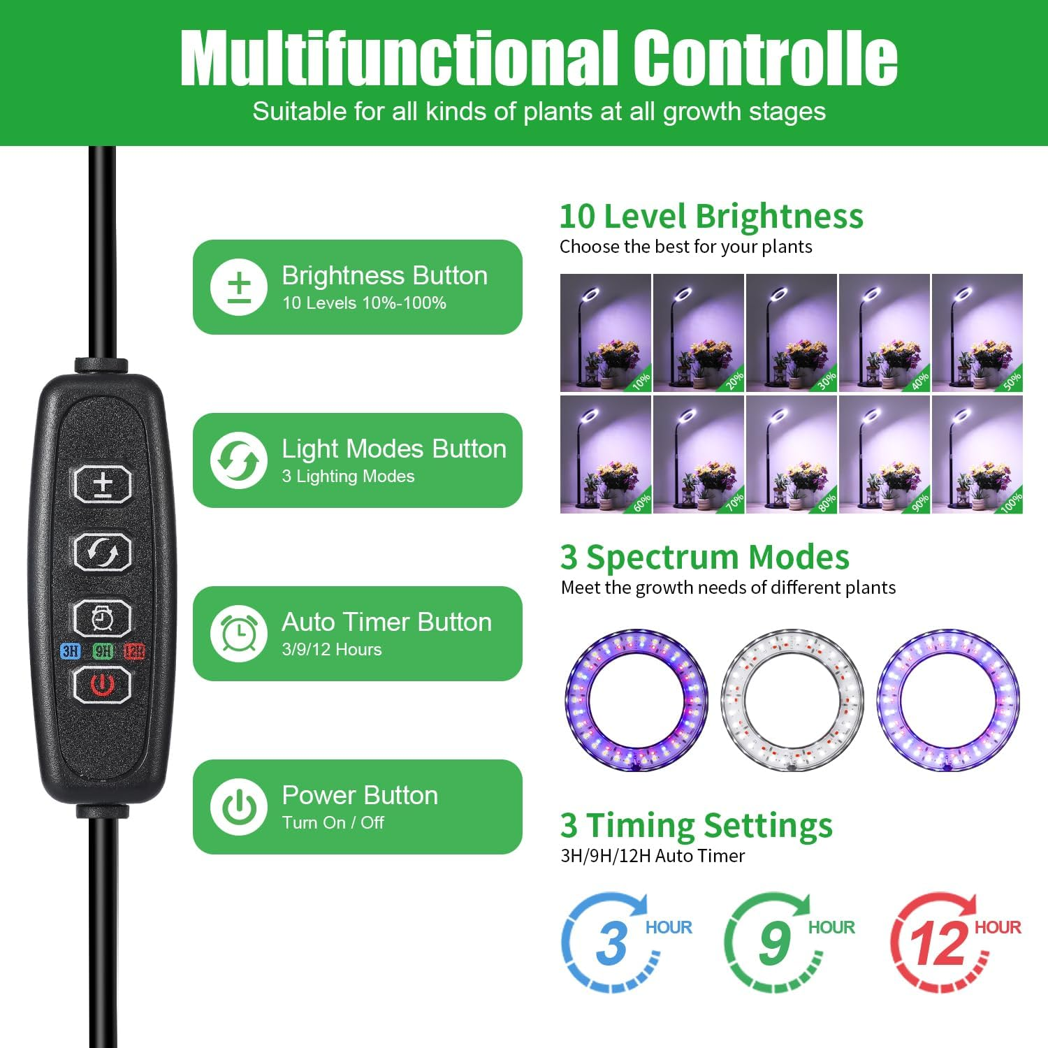 Black Desk Grow Light for Indoor Plants, Full Spectrum Red Blue White Light Plant Light with Base, Grow Lamps with 3/9/12H Timer, 13"-23.5" Height Adjustable, 10 Brightness Levels - Black image number 6