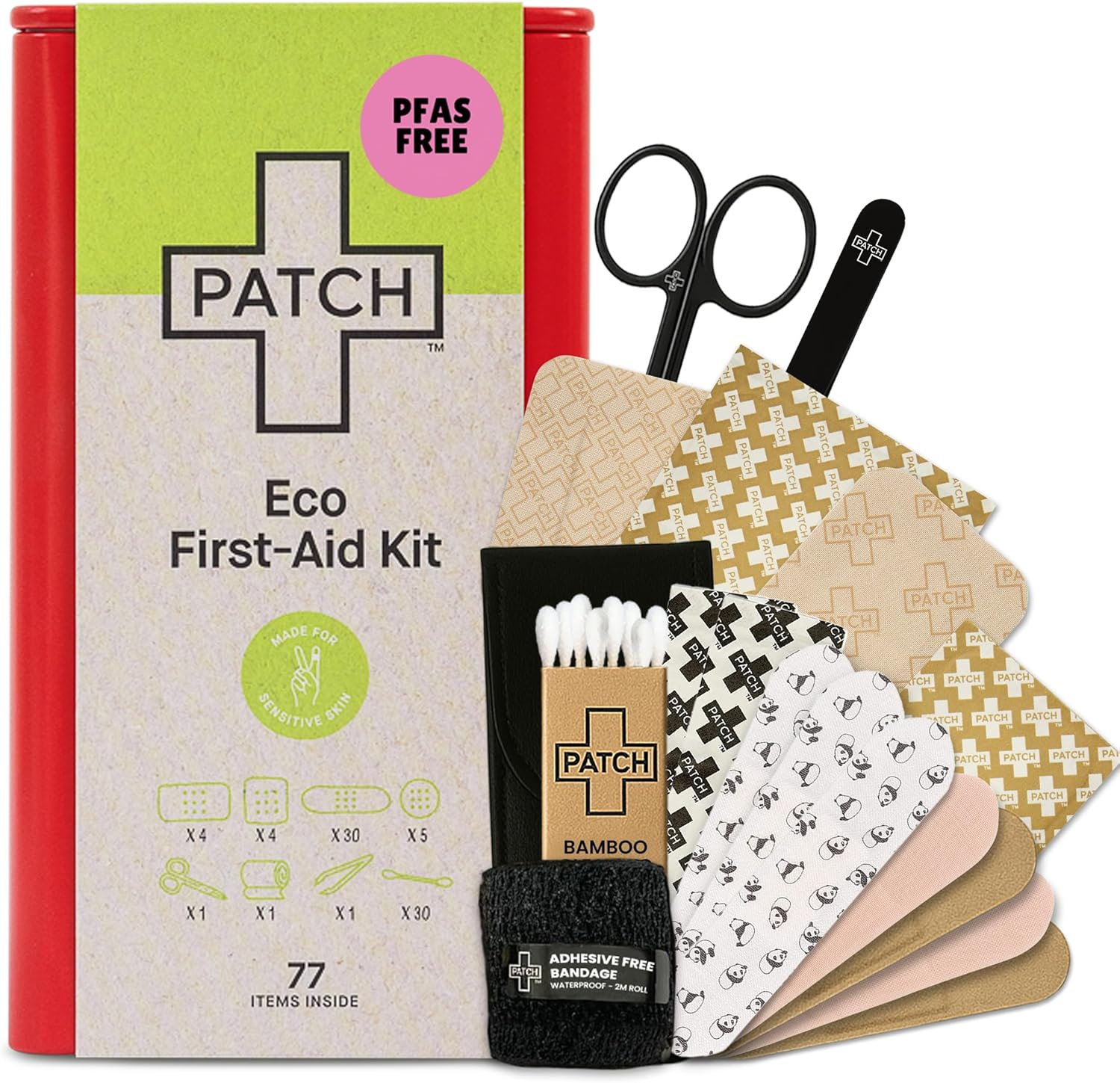 Patch Eco First Aid Kit, Assorted Hypoallergenic Adhesive Sizes Large and Small Bandages for Sensitive Skin, Essential Medical Supplies in a Reusable Tin, Latex Free, Sensitive Skin Bandages, 77 Ct image number 4