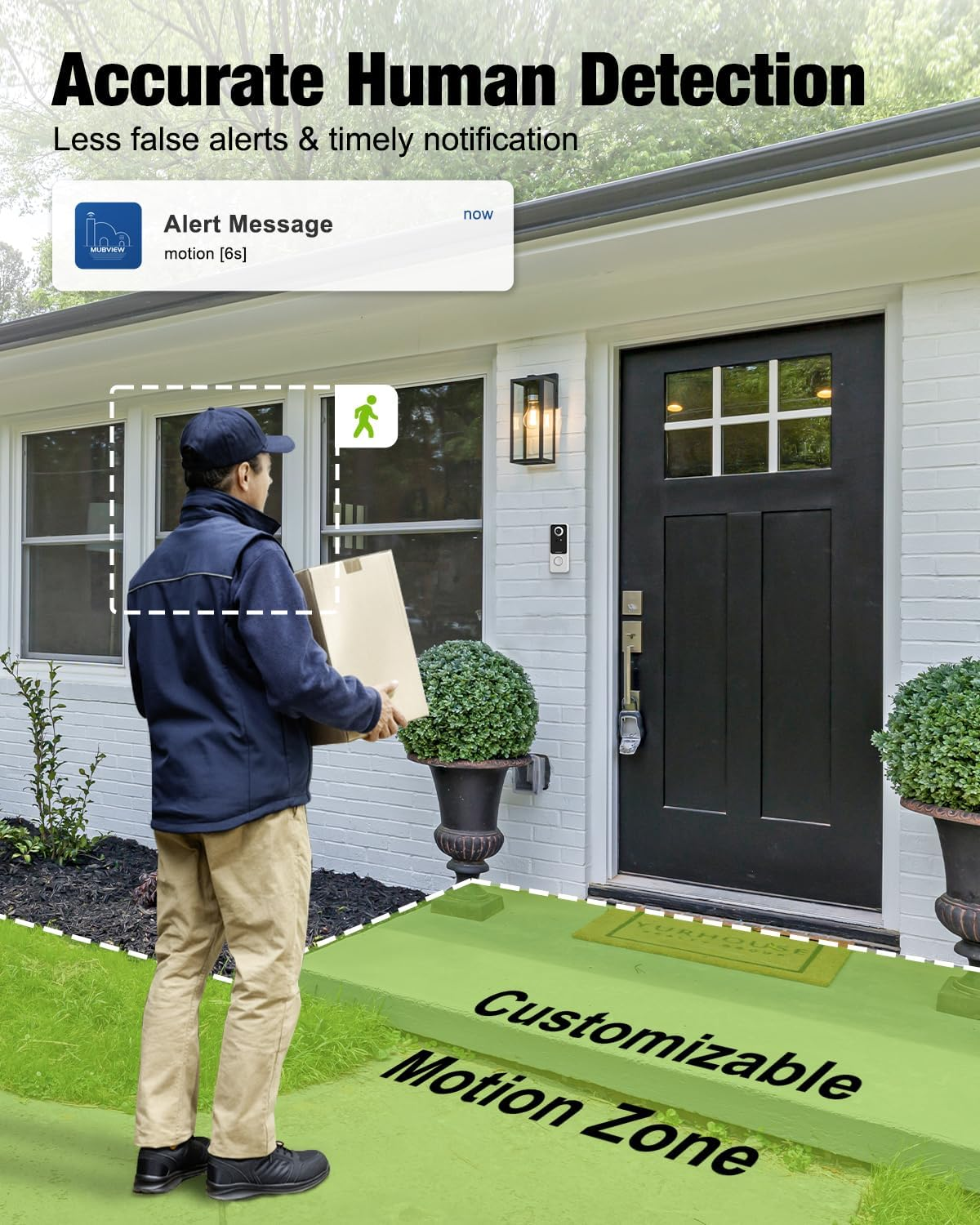 MUBVIEW Doorbell Camera Wireless with Chime, Video Doorbell - No Subscription, Voice Changer, Motion Zones, 1080HD, PIR Human Detection, 2.4Ghz Wifi, Battery-Powered Smart Doorbell