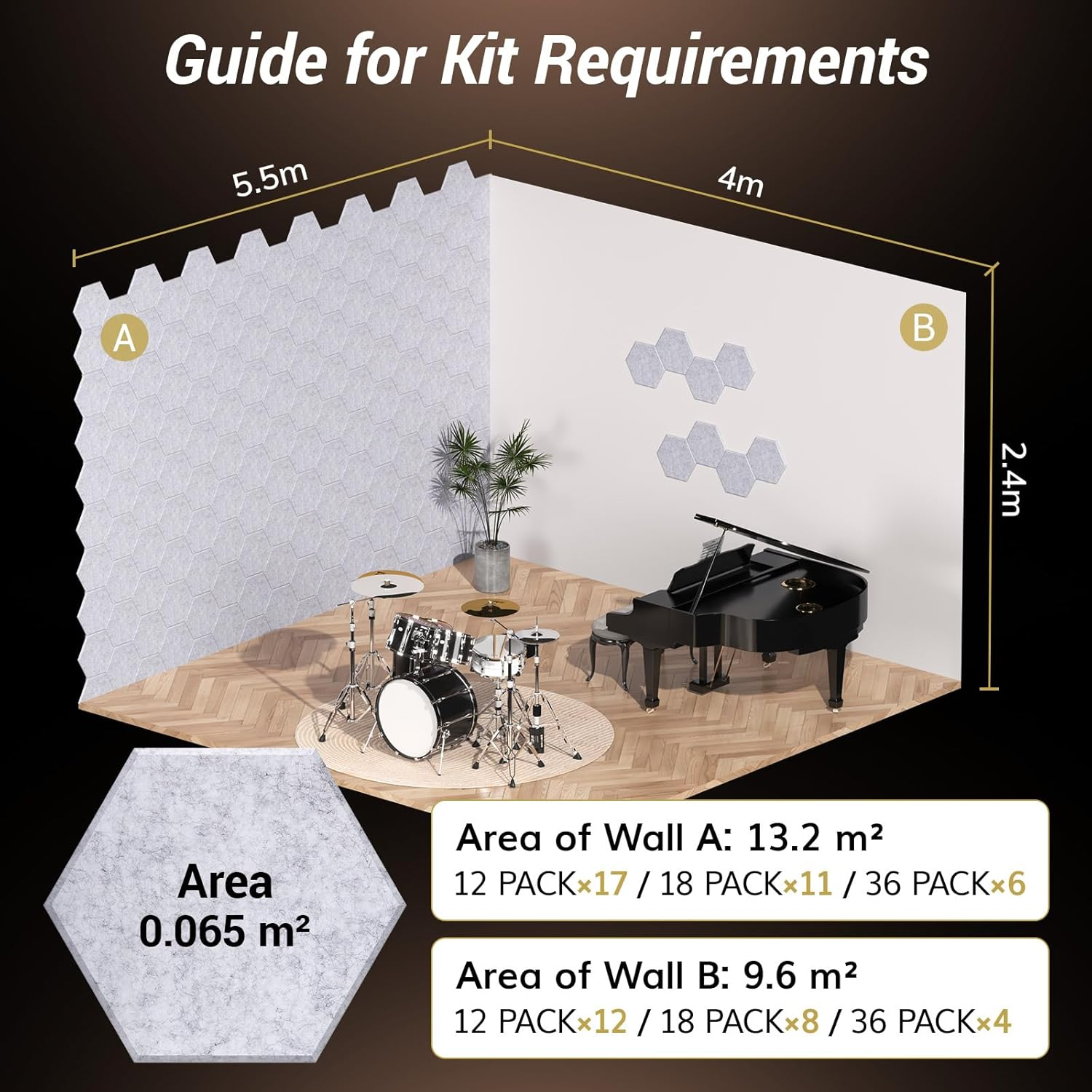 18 Pack Hexagon Acoustic Panels, TONOR 12"X 10"X 0.4" High Density Sound Proof Panels for Walls, Sound Deadening Insulation Treatment Foam Panel, Sound Absorbing Padding for Studio, Office, Black