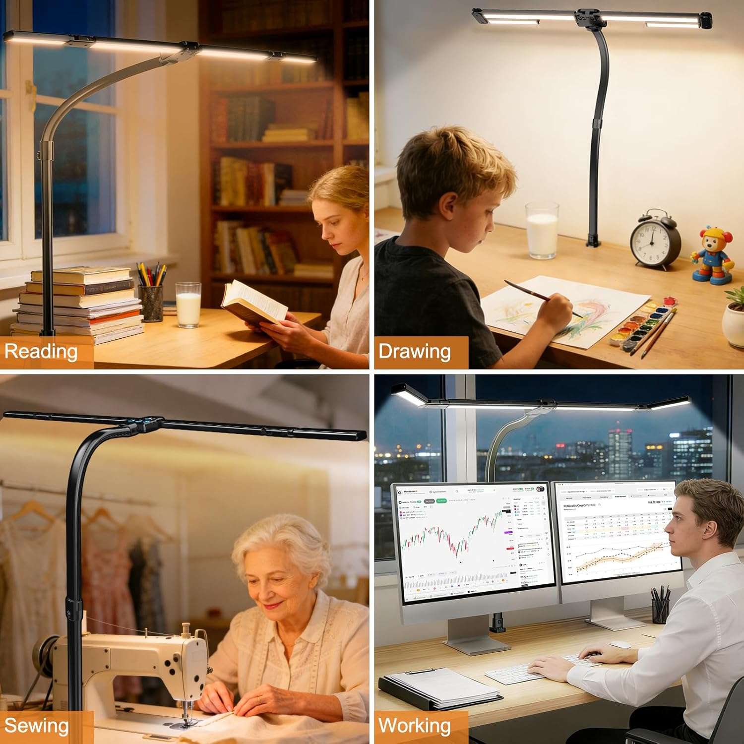 Desk Lamp for Home Office, Extra Width 24W Bright LED Desk Light with Adjustable 4-Segment Bar & Remote, Eye-Caring Gooseneck Architect Desk Lamp with Clamp for Reading Study, Dimmable, Timer image number 6