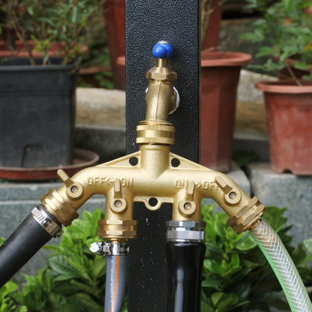 YELUN Garden Hose Splitter Heavy Duty Brass Connector, Garden Faucet Splitter for Outdoor Faucet Hose Bib Splitter, Adapter with Comfortable Grip Shut off Valves (4 Way Splitter) image number 1