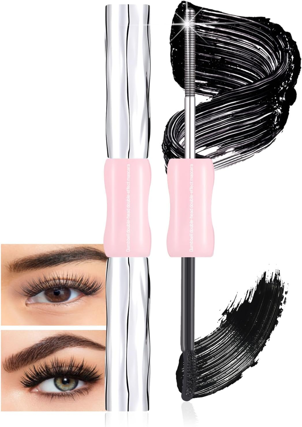 DAGEDA Double-End Metal Mascara, Iron Wand Mascara Waterproof, 3D Curling Eyelash Mascaras Brushless Brush Washable, Smudge Proof, Non-Clumping, Long Eyelashes Iron Eye Makeup, Black