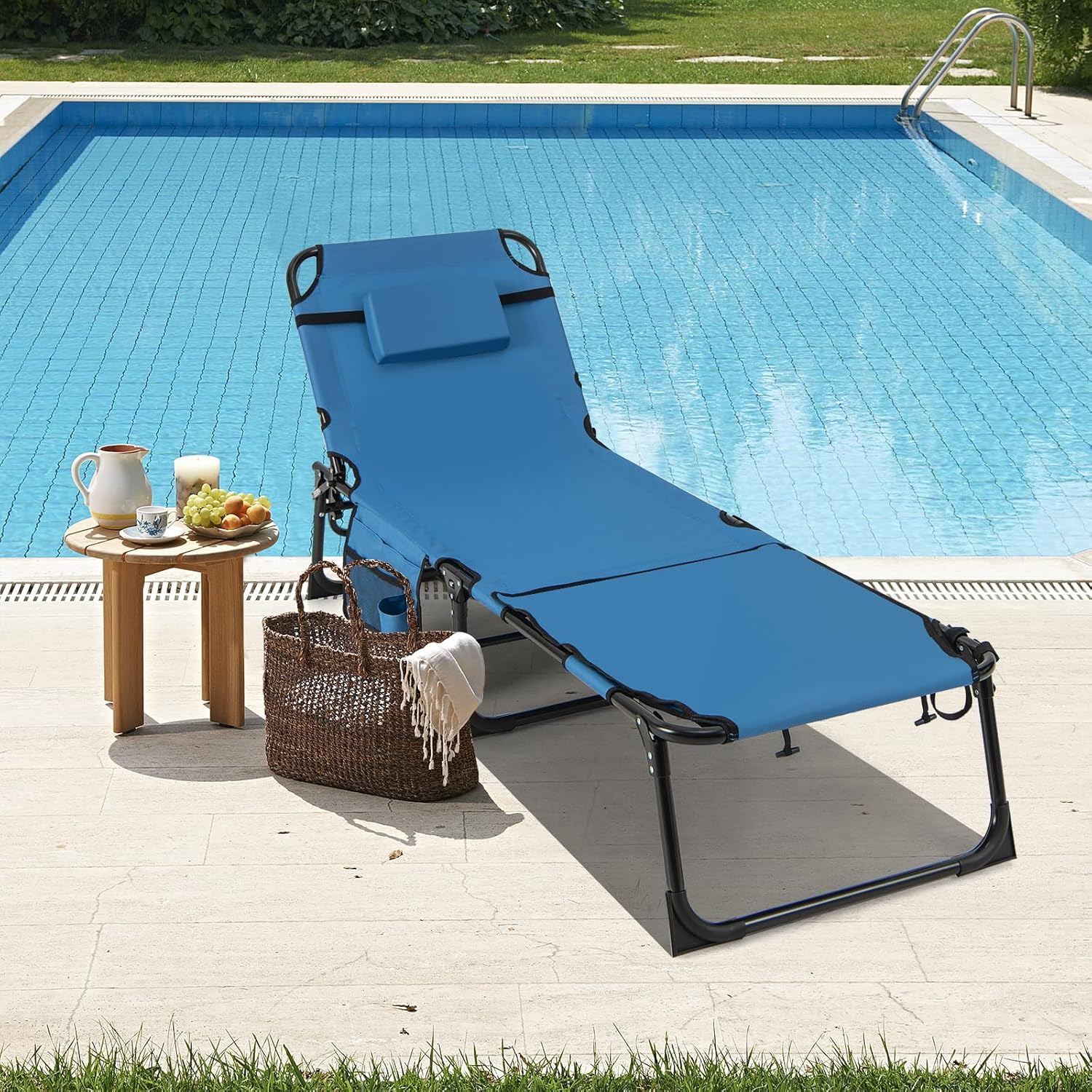 Costway Folding Convertible Camping Lounger W/Face Hole & Pillows & Storage Pocket, 5-Position Adjustable Backrest, Portable Camping Cot Bed Recliner for Beach, Camping, Patio (Blue) image number 1