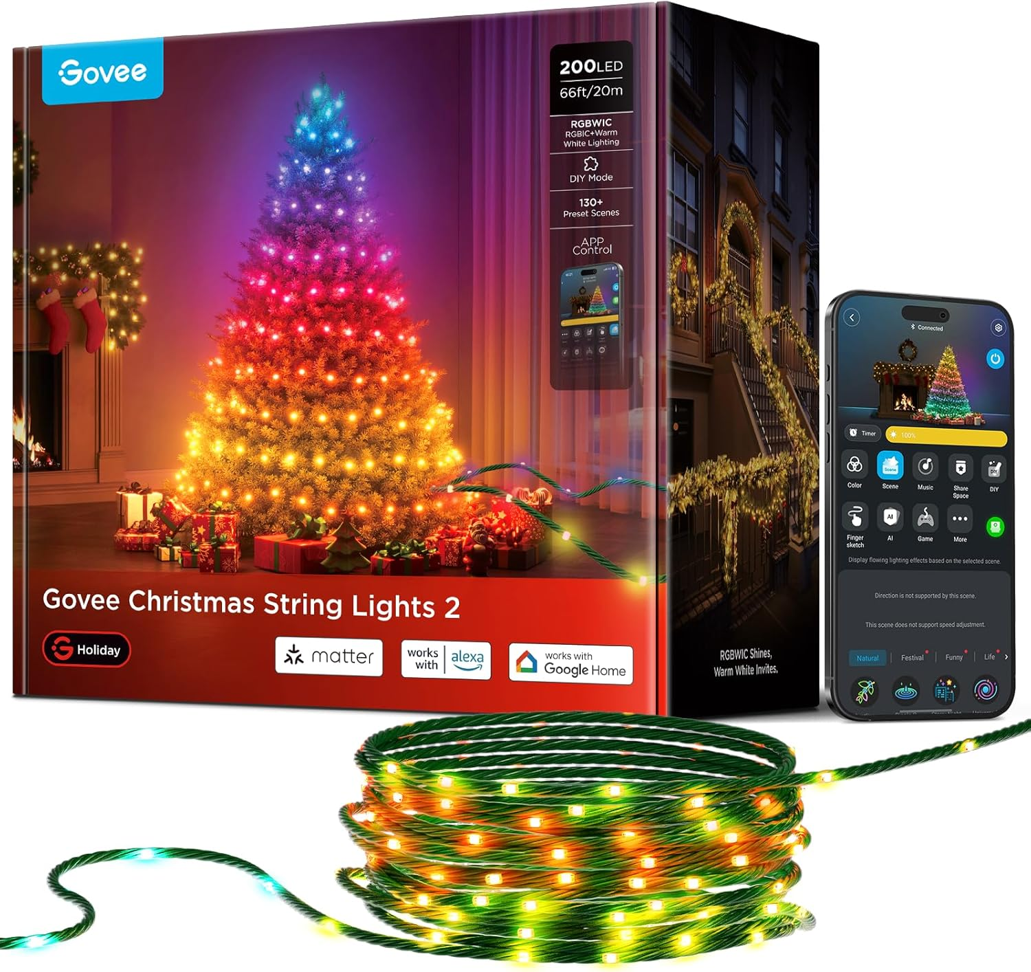 Govee Smart Christmas String Lights 20M, 200 RGBWIC Leds Holiday Fairy Lights for Indoor & Outdoor, Shape Mapping, AIGC, App Control with 130+ Dynamic Scene Modes, Compatible with Matter, Green Cable