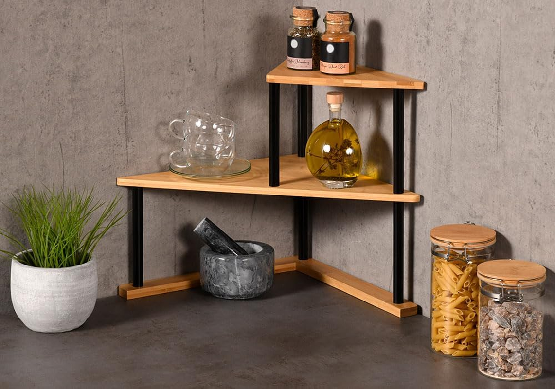 Kesper Kitchen Corner Shelf with 2 Levels, Material: Bamboo, Dimensions: W 52 X H 39 X D 29.5 Cm, Colour: Natural, Black, 58808 image number 2