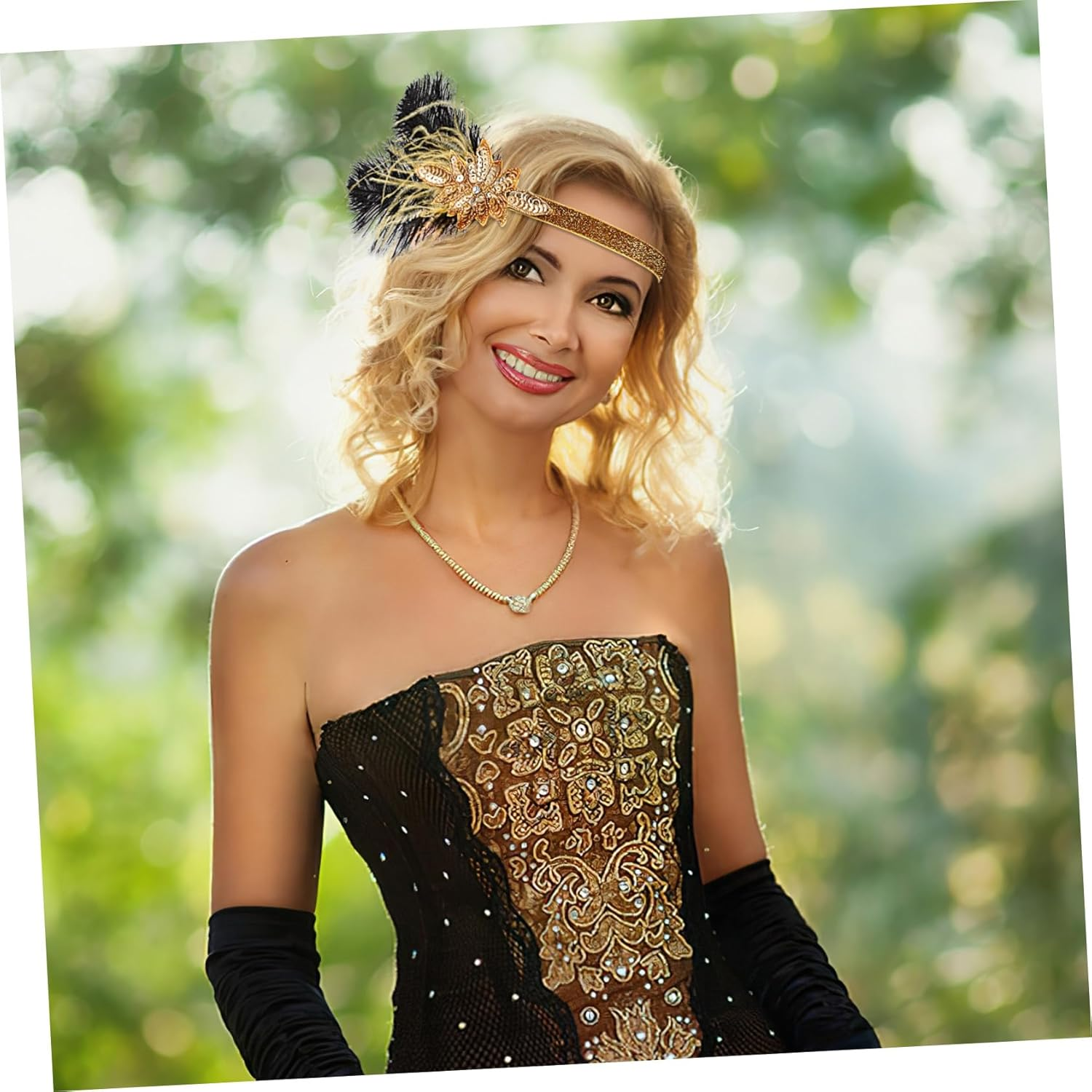 FONDOTIN Vintage Flapper Headband with Golden Feathers and Rhinestones, Elastic Hair Accessory for Women, Suitable for Years Parties, Weddings and Costume Parties image number 1