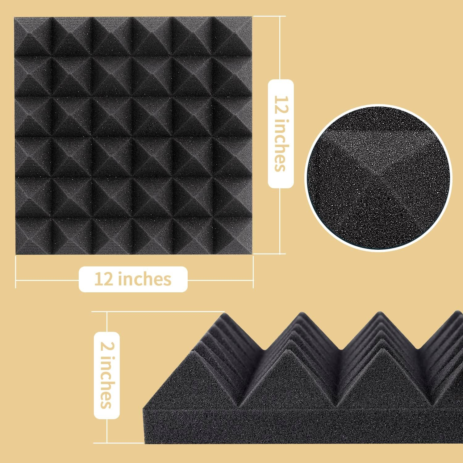 36 Pack AUSLET Acoustic Panels 12 X 12 X 2 Inches, Pyramid Sound Proof Foam Panels for Wall, High Density Black Acoustic Foam Panels,Soundproof Wall Panels image number 2
