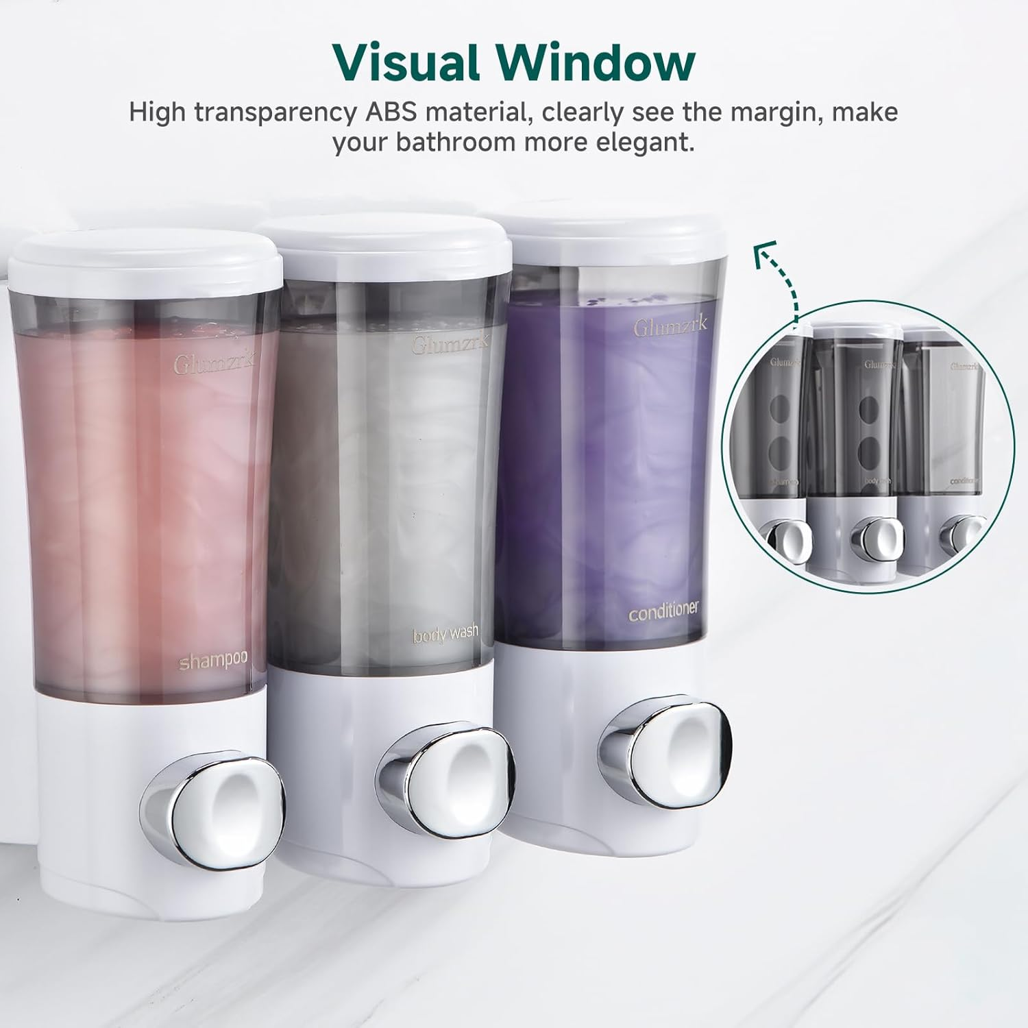 Shower Soap Dispenser Wall Mounted No Drill Shampoo Conditioner Body Wash Dispensers 15Oz/450Ml X 3 Chamber Shower Dispenser Bottles with Upgrade Pump Head Refillable Bathroom Soap Dispenser Set White - Black 3 image number 5