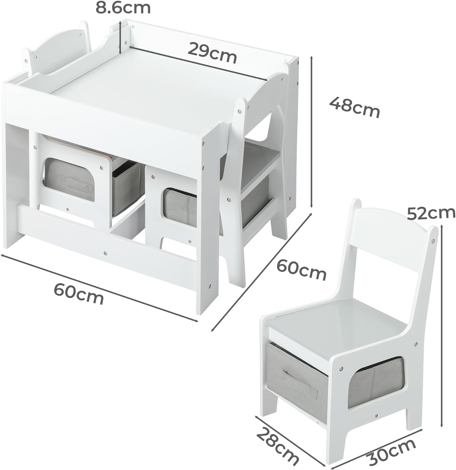 Bopeep Kids Table and Chair Set Storage Box Toys Play Activity Desk Wooden Study Toddler Double-Sided Chalkboard Detachable Tabletop 3 in 1 Wood Arts (1 Table+ 2 Chairs, Grey)