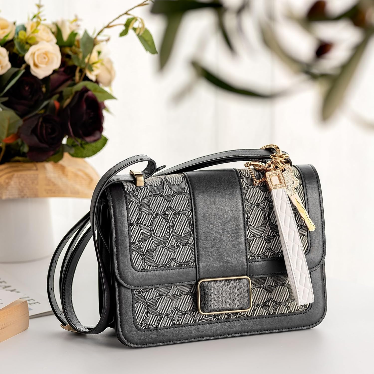 AOKSUNOVA Keychain Wristlet PU Leather Car Key Chain Holder Keychain Lanyard Wristlet Strap White - Brown image number 6