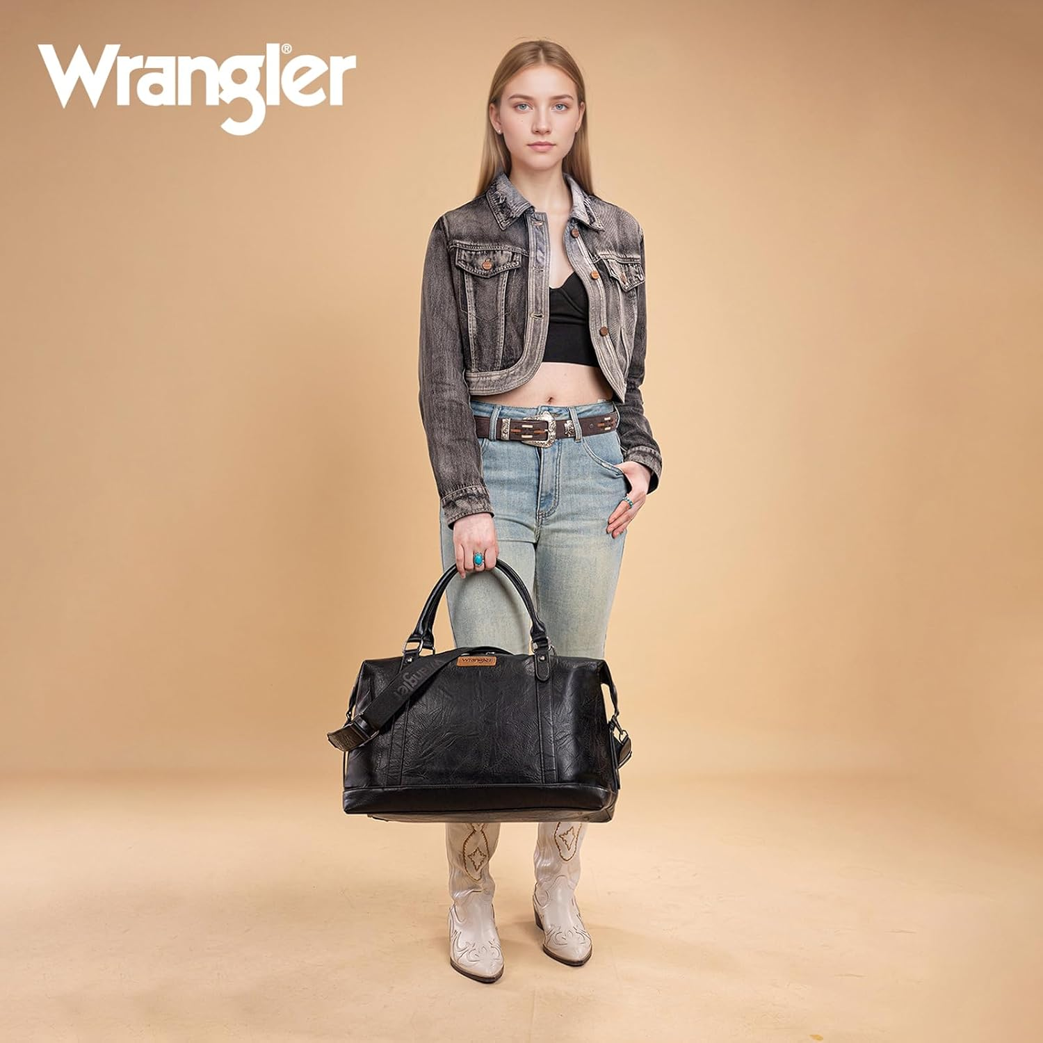 Wrangler Duffle Bag for Travel Large Weekender Bags for Women Waterproof Carry on Overnight Bag, Black, Large, Minimalist - Black And Brown image number 4