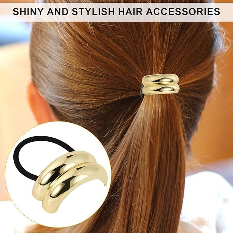 Gold Geometric Hair Ties, 4Pcs Metal Geometric Elastic Hair Ties Gold Hair Cuffs,Metal Hair Tie Ponytail Hair Cuff,Metal Geometric Elastic Hair Ties,Metal Geometric Elastic Hair Ties Gold Hair Cuffs image number 2