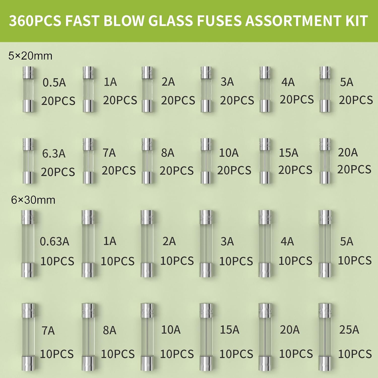 Joinfworld 360Pcs Fast Blow Glass Fuse Assortment Kit 24 Values Automotive Fuses Kit 250V 0.5A 0.63A 1A 2A 3A 4A 5A 6.3A 7A 8A 10A 15A 20A 25A 5X20Mm & 6X30Mm Glass Fuses image number 1