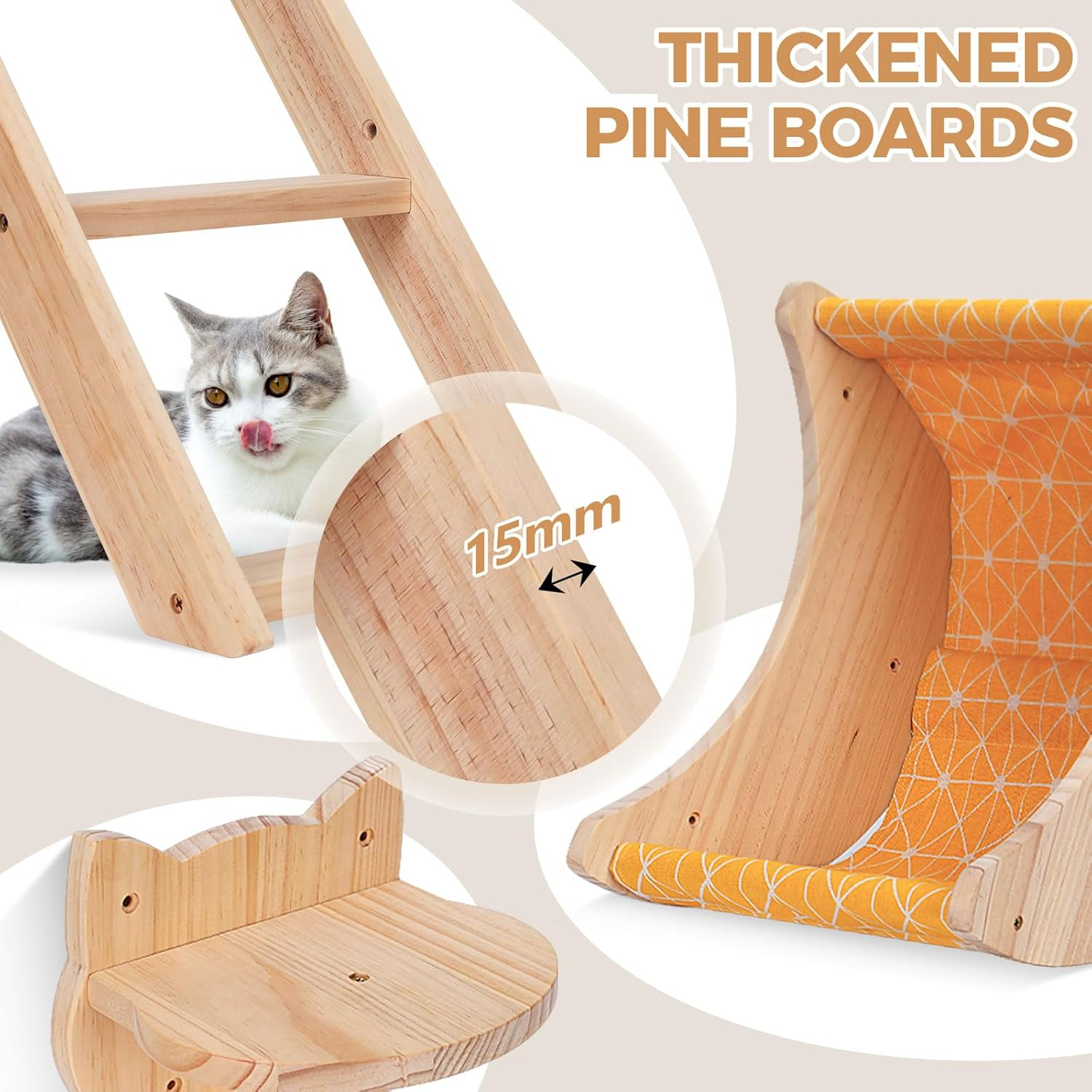 Cat Hammock Wall Mounted 3Pcs Set, Wooden Cat Wall Shelves Scratching Posts, Moon Shape Cat Perches and Cat Wall Furniture for Climbing, Playing and Sleeping - 3Pcs Cat Shelves Set image number 5