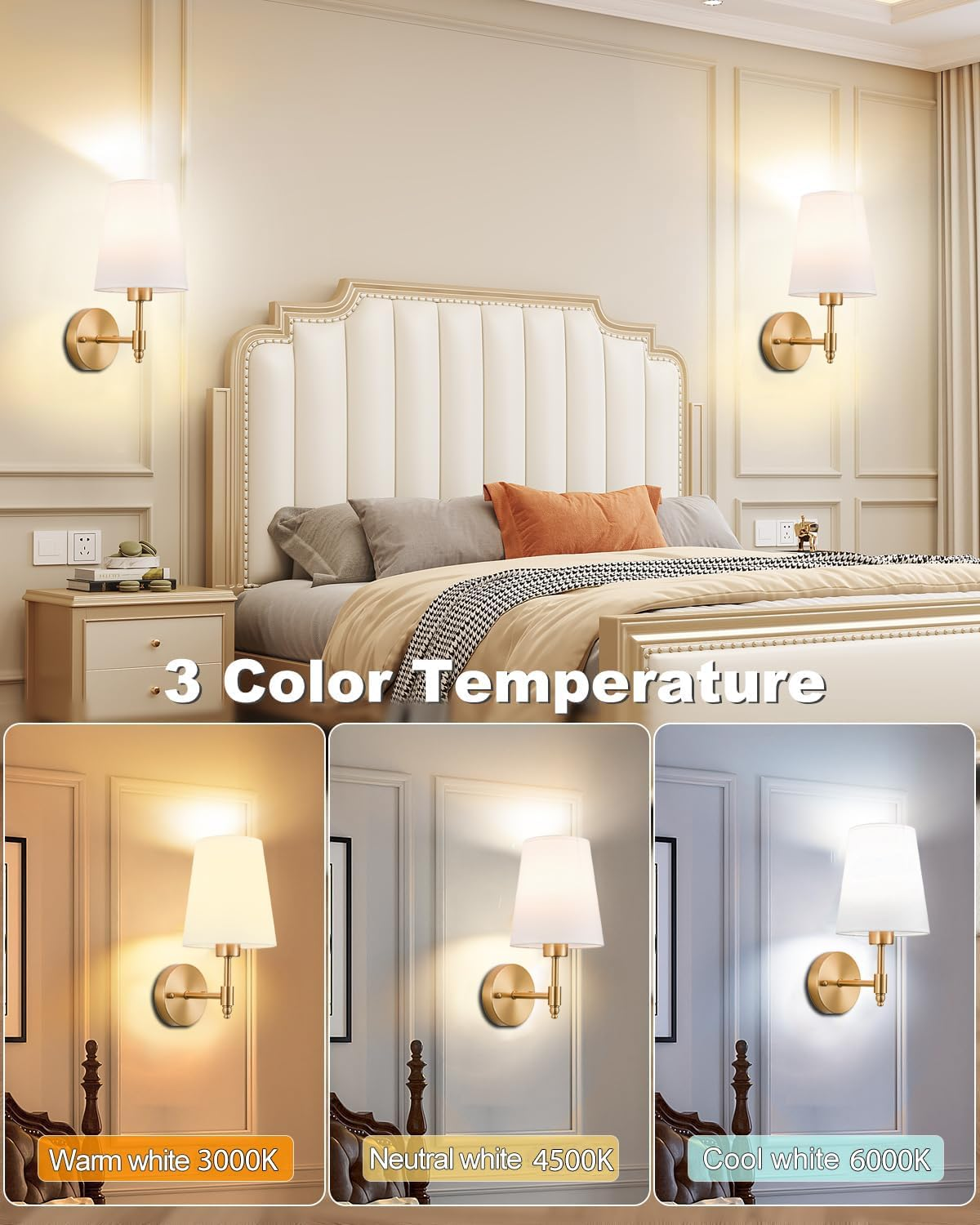 Battery Operated Wall Sconces Set of 2, Rechargeable Wall Lights with 6000Mah Dimmable RGB Bulbs and Remote, 13 Colors Wireless Wall Lamps for Bedroom Living Room Hallway, Gold image number 3