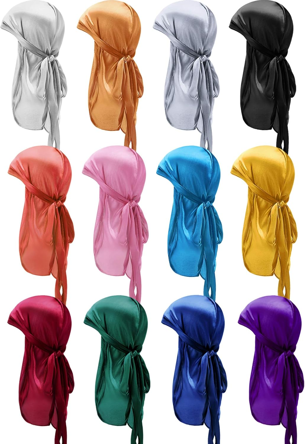 SATINIOR 12 Pieces Silky Durag Caps Soft Long Tail Headscarf Elastic Wide Straps Headwraps for Women Men Favors, 12 Colors image number 1