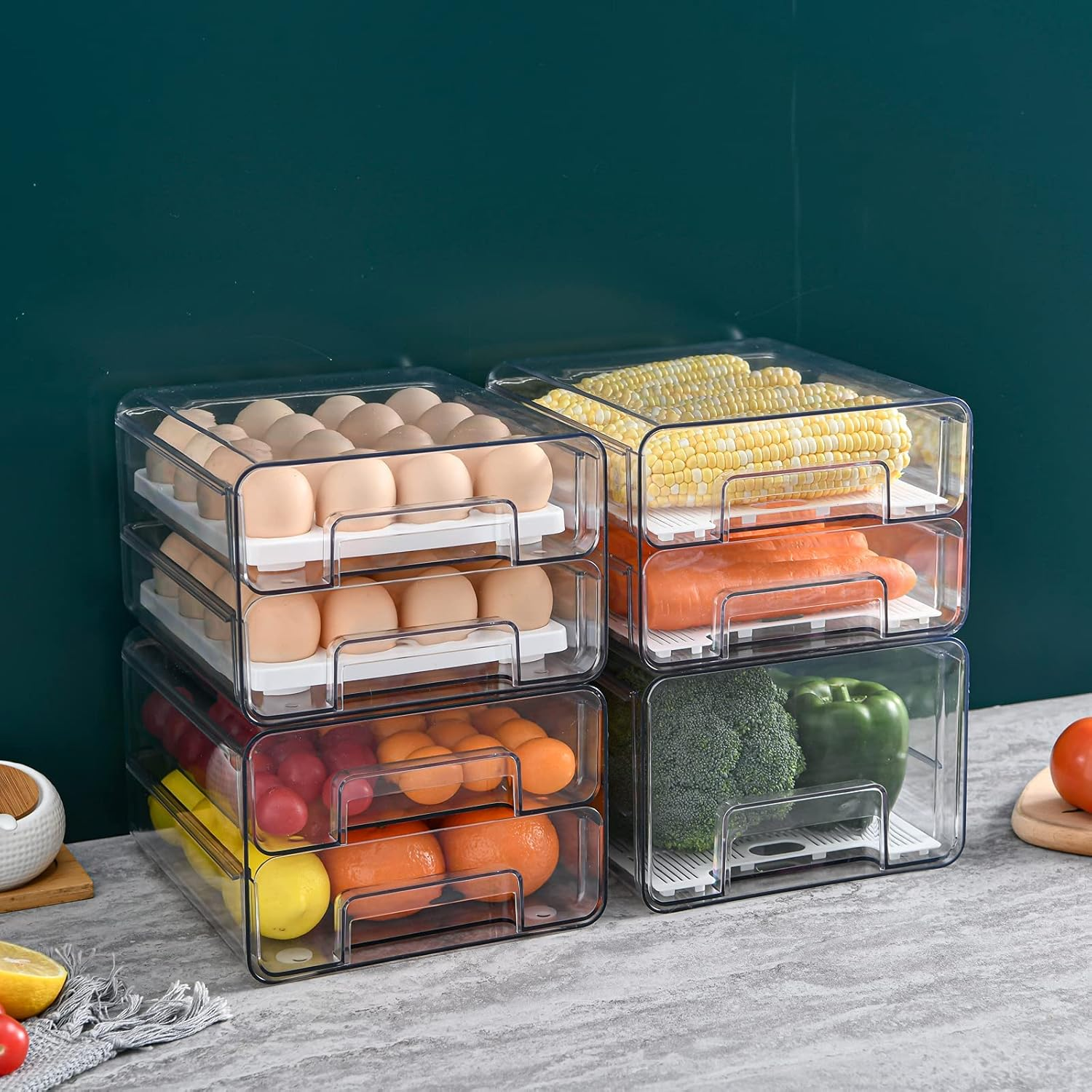 Food Storage Containers Pantry Organizer with Lids, Removable Drain Tray Fruit Vegetables Storage Rack Clear Fridge Storage Stackable Meal Fresh Keeper Bins image number 3