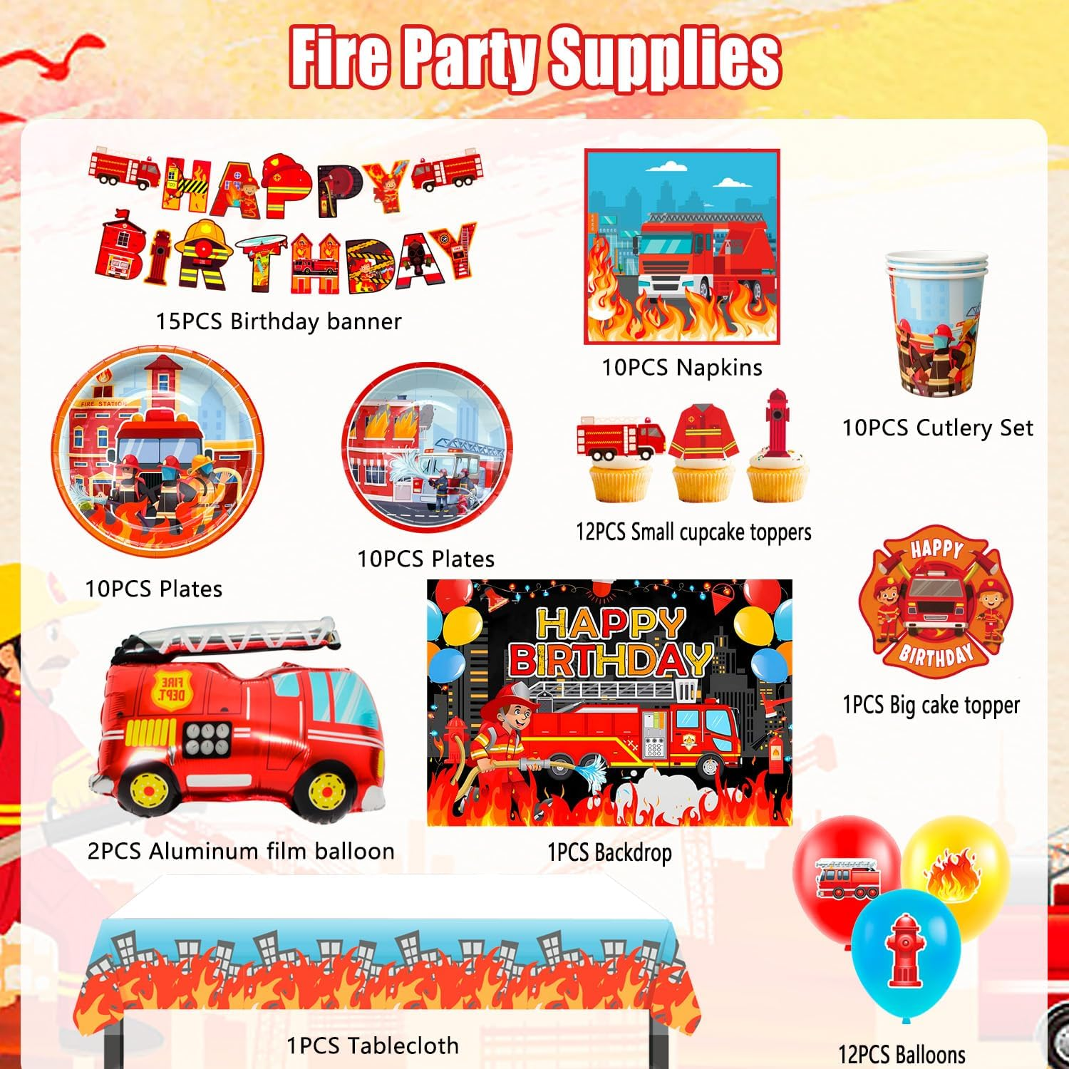 Fire Truck Birthday Party Supplies, Firetruck Birthday Decorations Tableware Set Fire Truck Party Plates Cups Napkins Firefighter Themed Balloon Backdrop Etc Fire Truck Party Supplies image number 2