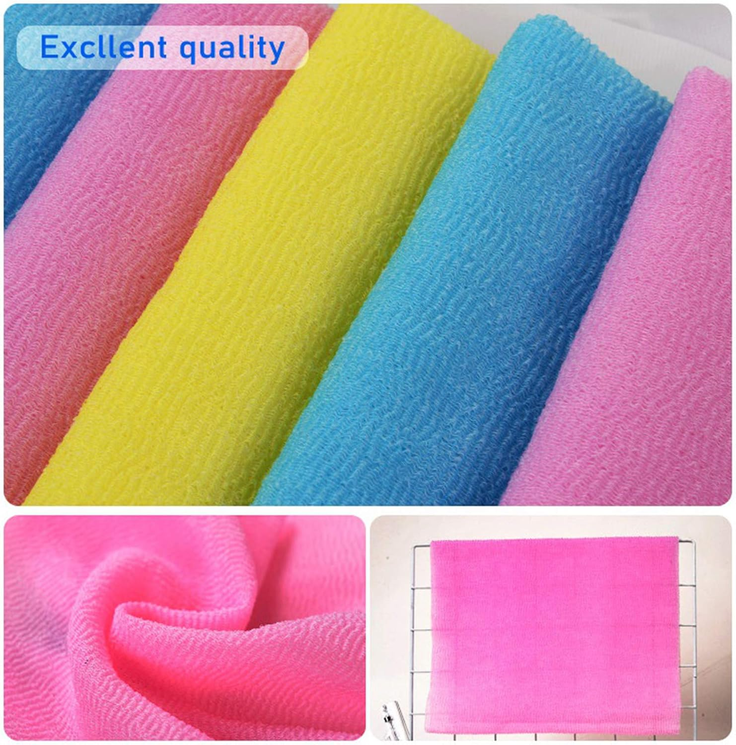 ARCH&M Exfoliating Washcloth Towel Japanese Washcloth Nylon Bath Wash Towel Korean Exfoliating Towel Beauty Washcloth Sponge Loofah Body Scrub Back Scrubber for Shower Cloth 3 Pack by (Blue X 3)