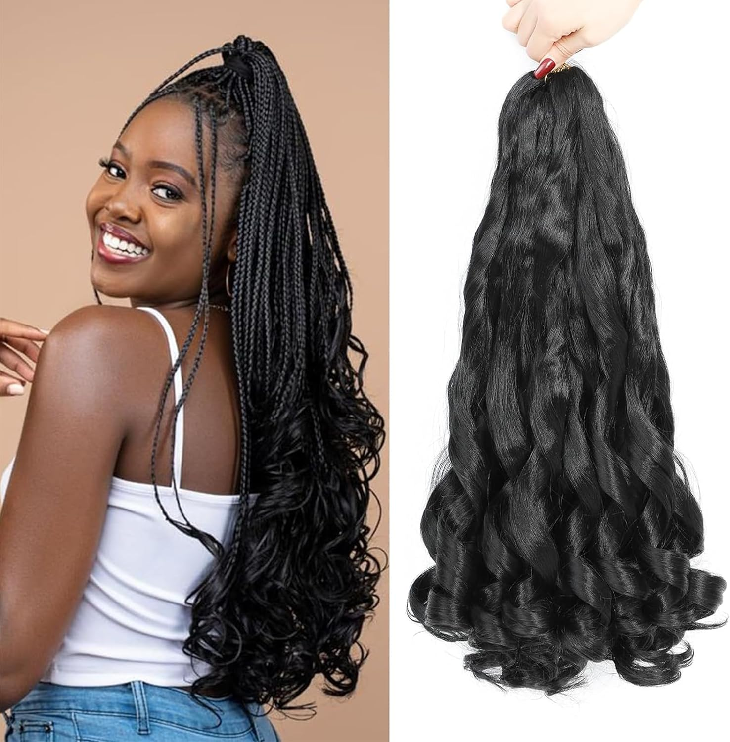 French Curls Braiding Hair 24 Inch 8 Packs Pre Stretched Loose Wave Bouncy Braiding Hair Spanish Curly Ends Synthetic Hair Extensions for Braiding (1B)