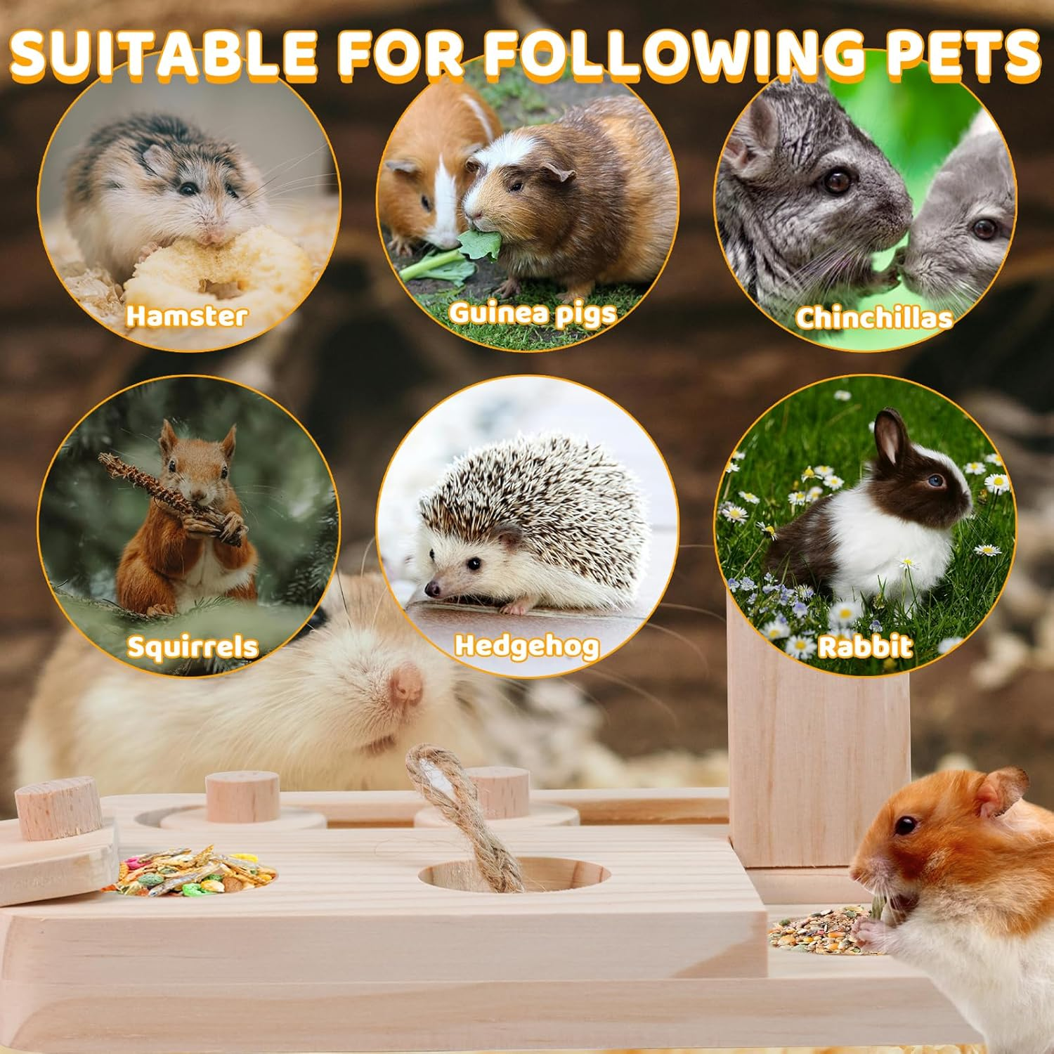 Volksrose Guinea Pig Foraging Toys, 6 in 1 Wooden Guinea Pig Accessories, Bird Enrichment Toy, Rabbit Treats Feeding Toys for Rat, Gerbils, House Mouse, Parrot, Budgie, Bunny (A) image number 1