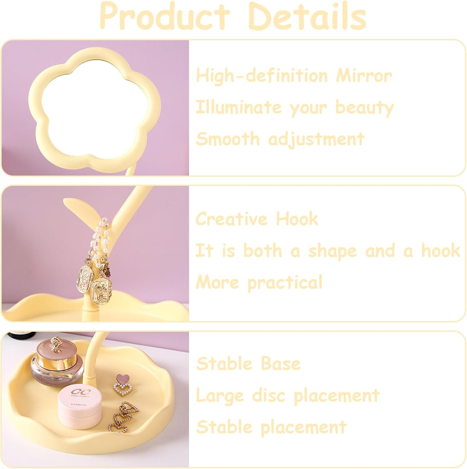 Taoluwin Tabletop Vanity Mirror, 360&deg; Adjustable Makeup Mirror with Storage Tray, Thickened PP Portable Mirror for Bedroom Living Room and Makeup Desk (Yellow) image number 4