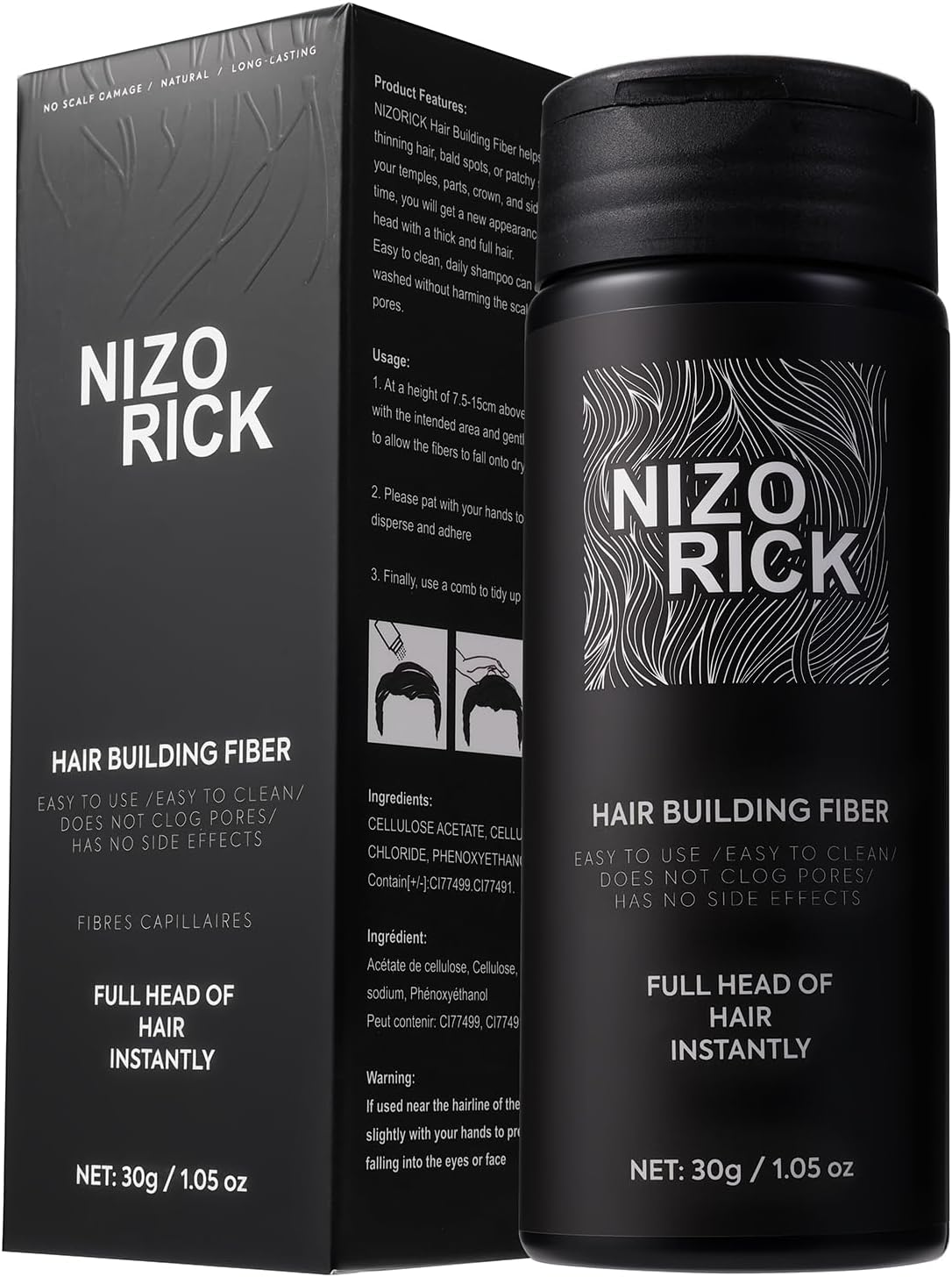 Hair Fibers for Thinning Hair,Hair Building Fibers Instantly Thicker & Fuller Look,Conceals Hair Loss Fill in Fine Hair Powder for Women and Men 30G/1.05Oz (Black)