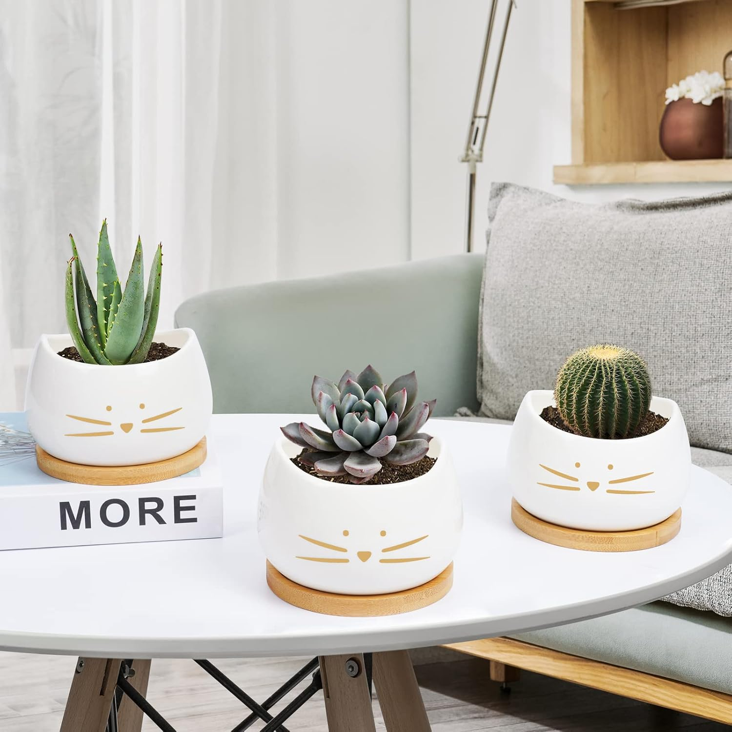 Koolkatkoo 3.2 Inch Cute Cat Ceramic Succulent Planter Pots with Removable Saucer Unique Cactus Planters Porcelain Decorative Flower Pot for Cat Lovers Set of 3 White image number 6