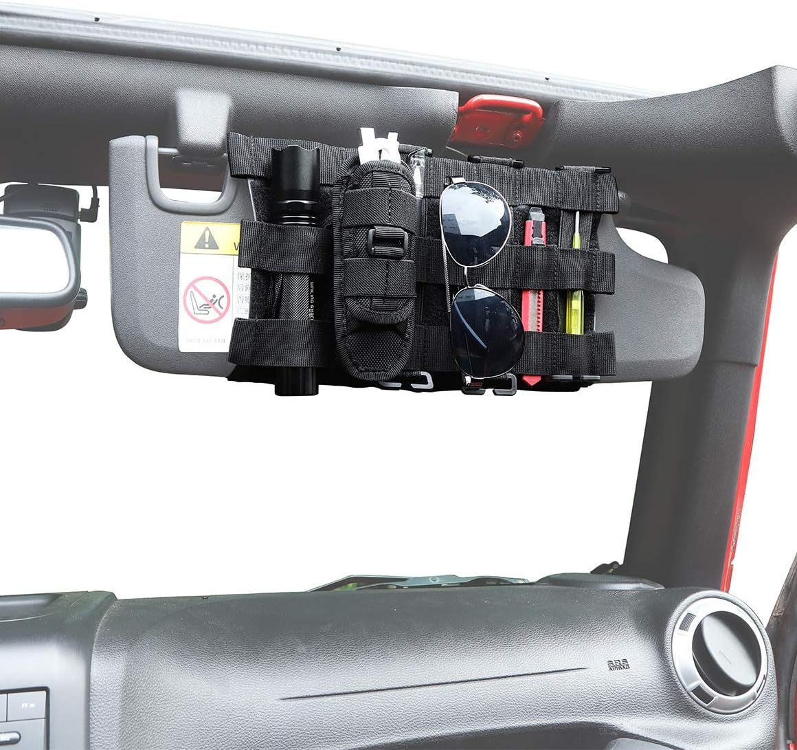 Savadicar Tactical Sun Visor Organizer Front Visor Storage Cover for 2007-2023 Jeep Wrangler JK JL & Gladiator JT, Interior Storage Accessories, Black, 1 PCS image number 2