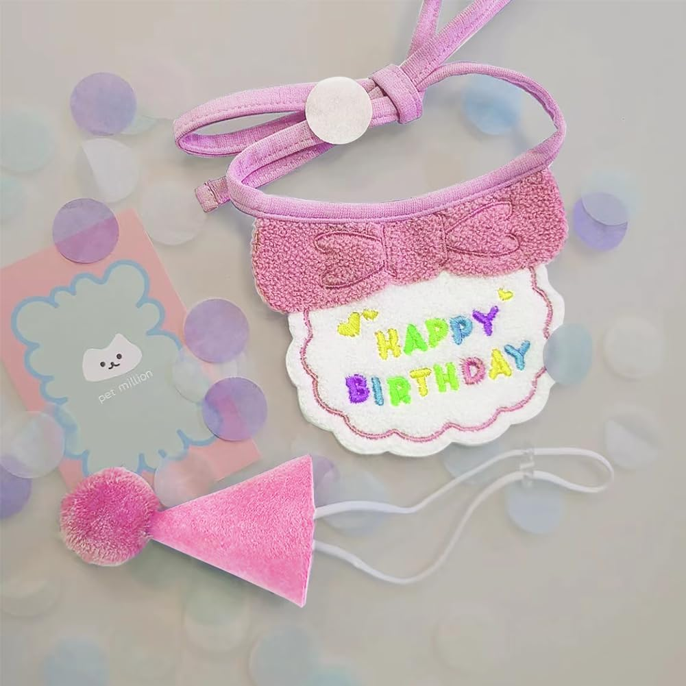 Cat Birthday Bandana Set, Cute Dog Birthday Hat and Pink Cartoon Bib, Pets Birthday Party Supplies Birthday Outfit for Cat and Dog