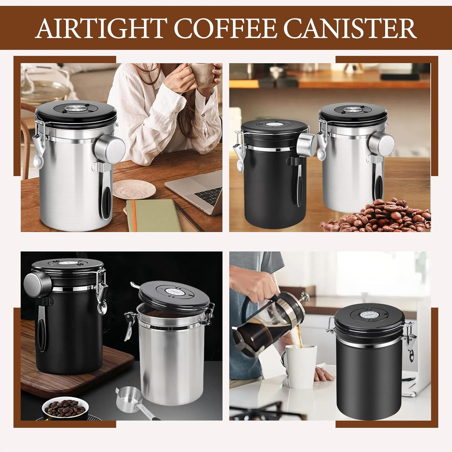 Airtight Coffee Beans Canister, 1.8L Stainless Steel Container, Airtight Stainless Steel Food Storage Container with Date Tracker and Scoop for Grounds Coffee,Beans,Tea,Flour, Cereal,Sugar (Silvery) image number 5