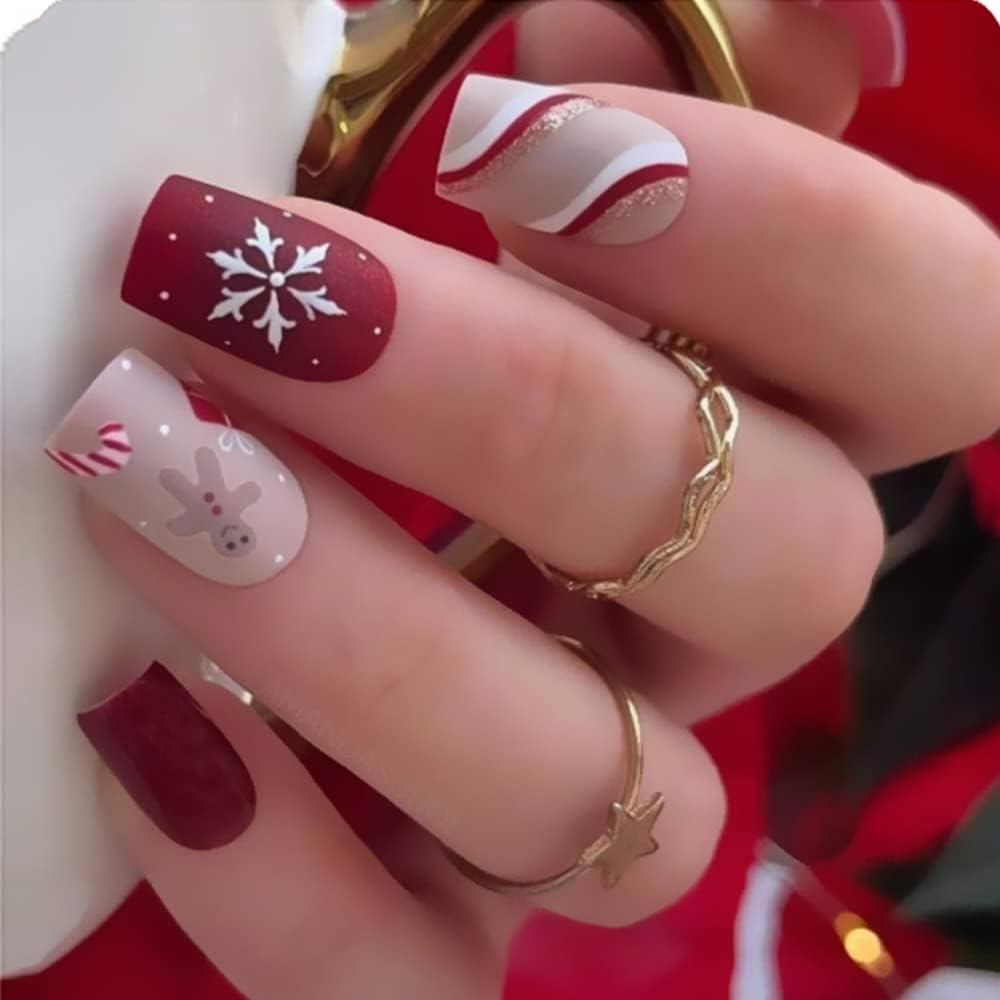 Christmas Press on Snowflake Nails Red Square Fake Nails with Lines Swirl Gingerbread Design Matte Full Cover Glue on Winter False Nails 24 Pcs