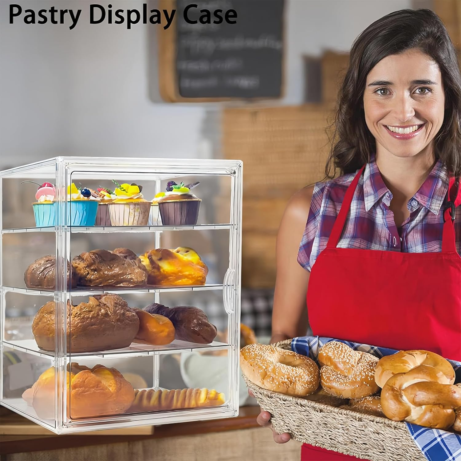 4-Tier Acrylic Pastry Display Case (40X30X25 Cm) - Adjustable Clear Bread Box with Magnetic Door, Large Capacity Bakery Storage for Kitchen Counter, Holds Breads, Muffins, Cookies, Donuts image number 2