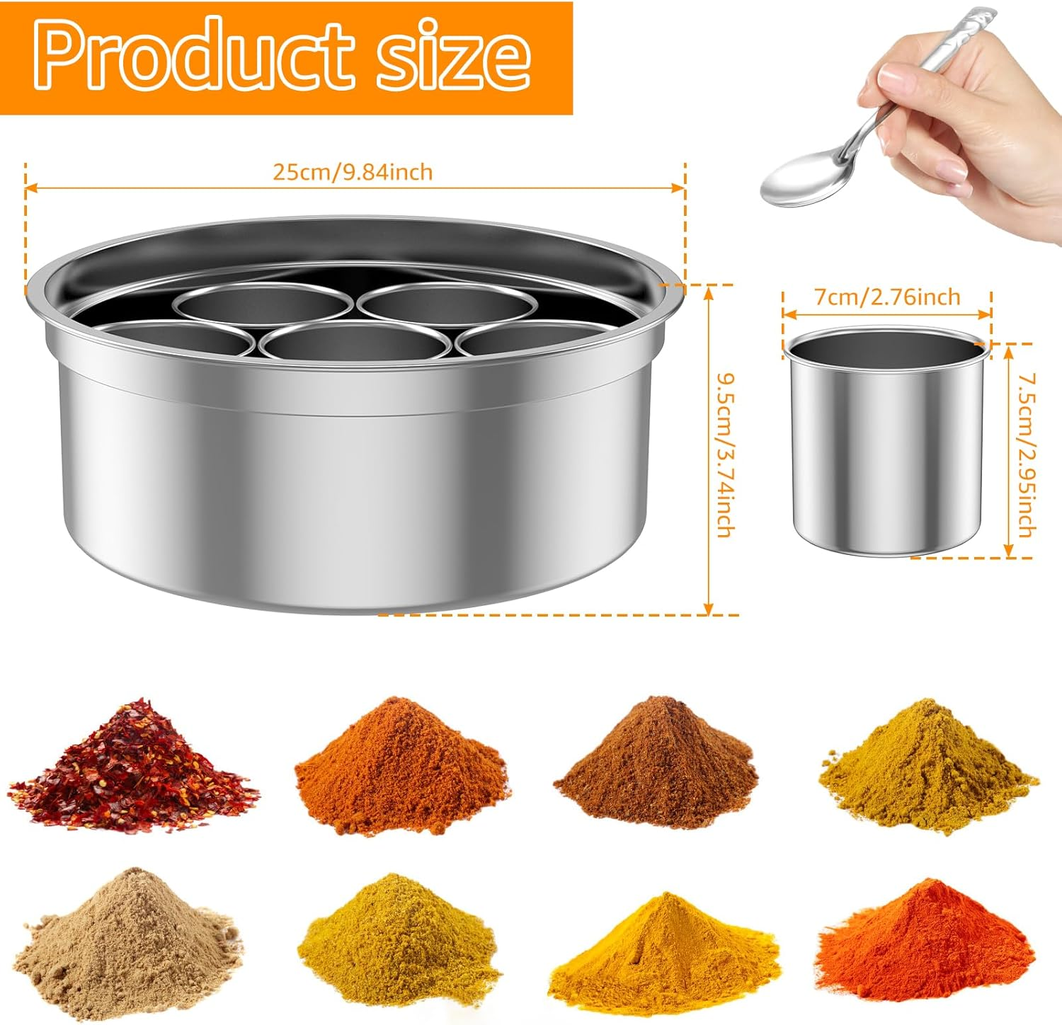 Masala Dabba Spice Box Stainless Steel Spice Containers Masala Dabba with 7 Compartments Indian Spice Box with Transparent Lid Indian Masala Dabba with Spoon 9.8&times;3.7Inch Kitchen Spice Storage Box ... image number 3