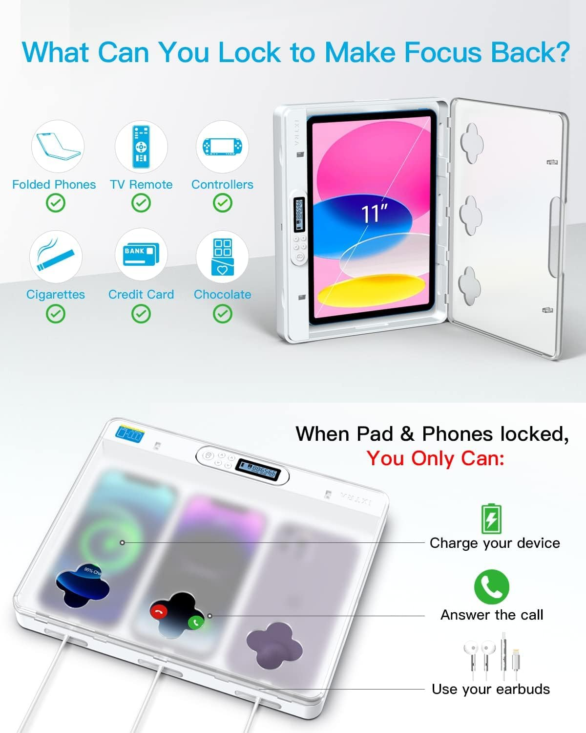 Ixtra Large Self-Control Ipad Locker Cell Phone Timer Lock Box for Android Samsung/Google/Iphone, Electronic Devices Lock with Timer for Kids, Students, Adults, Translucent Cover image number 2