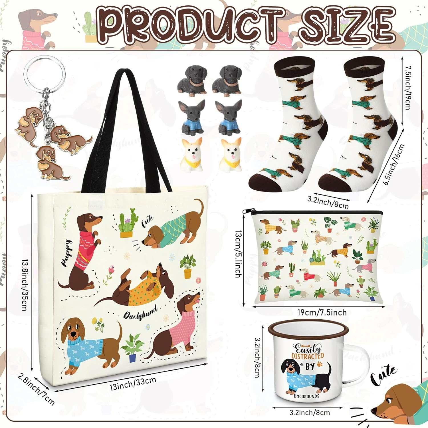Animal Lover Gifts for Women Animal Themed Gifts for Animal Lovers Valentine'S Day Gift Include Animal Canvas Tote Bag, Makeup Bag, Socks, Keychain, Enamel Mug, Small Figurines(Dachshund)