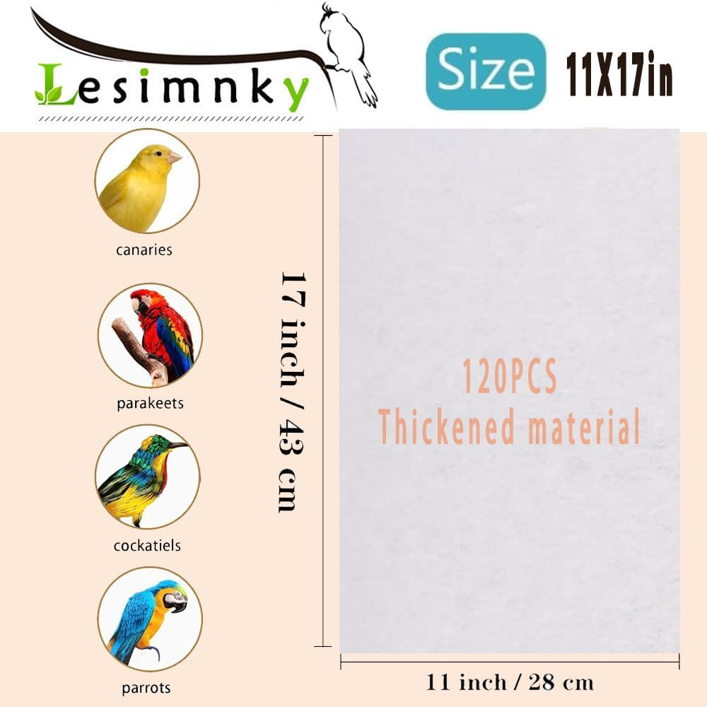 Lesimnky 120 Pieces Bird Cage Liners-11'' X 17''Disposable Non-Woven Bird Cage Paper Liners Precut Absorbent Fecal Tray Cages Cushion Pad Mat Cuttable Pet Animal Cages Cushion for Parrot (White)