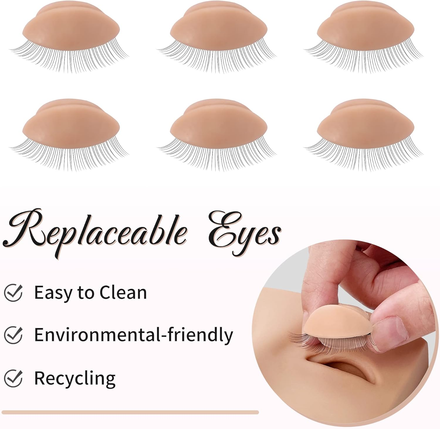 Beauty7 1 Box 3 Pairs Replacement Eyelids for Mannequin Head, Silicone Rubber Removable Realistic Eyelids for Eyelash Training Practice Makeup Extension image number 3