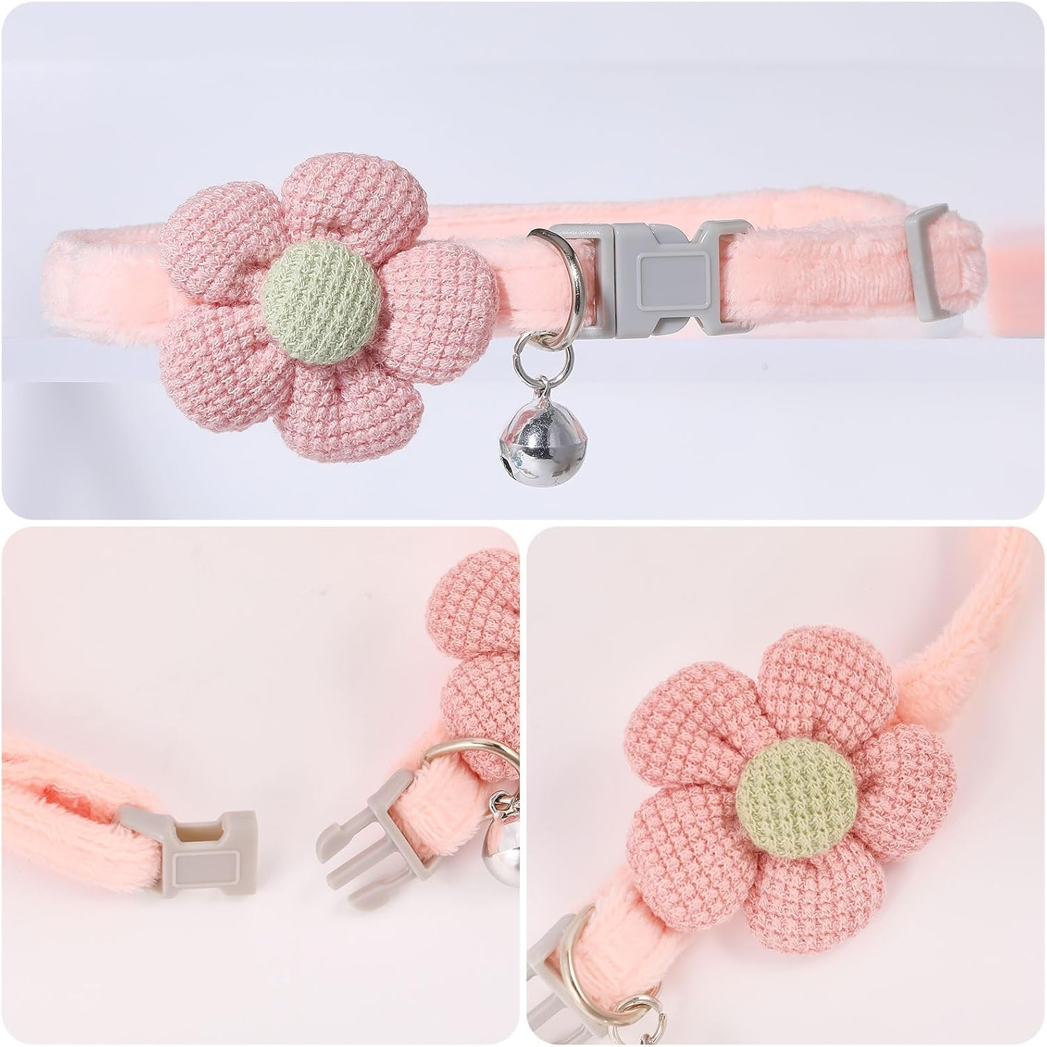 GLOBLELAND 4 Pieces 4 Styles Knitted Cat Collars with Bells Cute Kitten Flower Collars Pet Necklace Accessories with Safety Clasp Adjustable Safety Collar image number 3