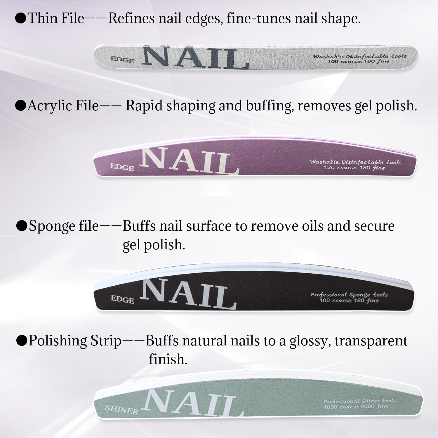 BOROLA 10PCS Nail File and Buffer Set, Manicure Tools for Acrylic Natural Gel Nails, Includes Multi-Grit Sponge Files, Polishing Strip, Acrylic & Thin Files for Home & Salon Nail Care image number 3