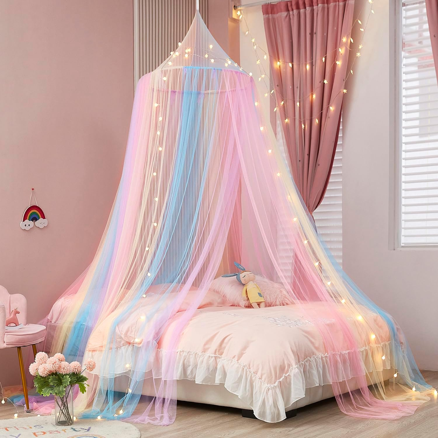 Rainbow Bed Canopy for Girls, Bed Canopy with Lights Canopy for Girls Room Bed Mosquito Netting for Twin Single Full Queen King Size Bed Room Decor for Girls image number 3