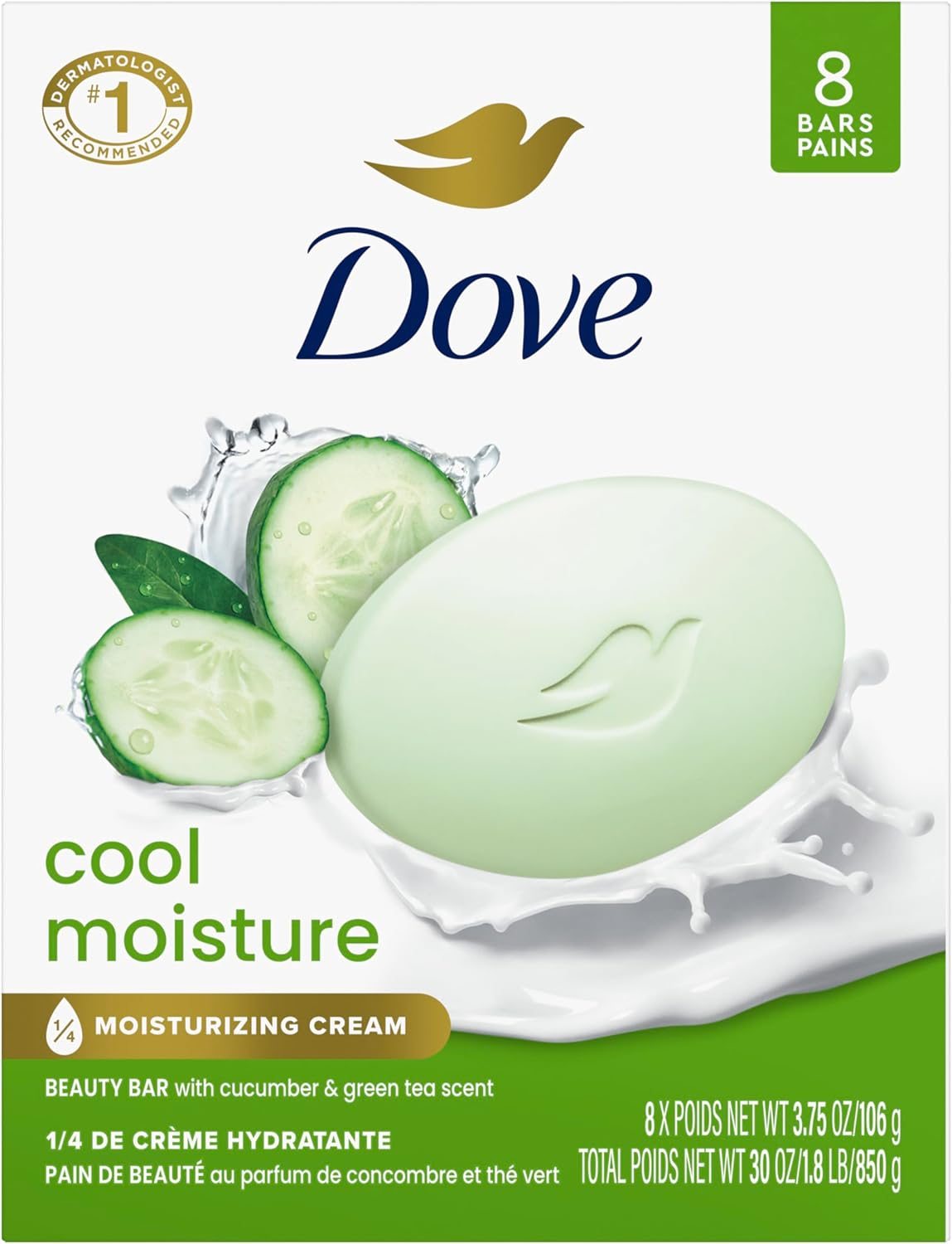 Dove Beauty Bar Soap Cool Moisture Cucumber & Green Tea Scent, 8 Bars for Refreshed Skin, Leaves Skin Refreshed 3.75 Oz image number 3