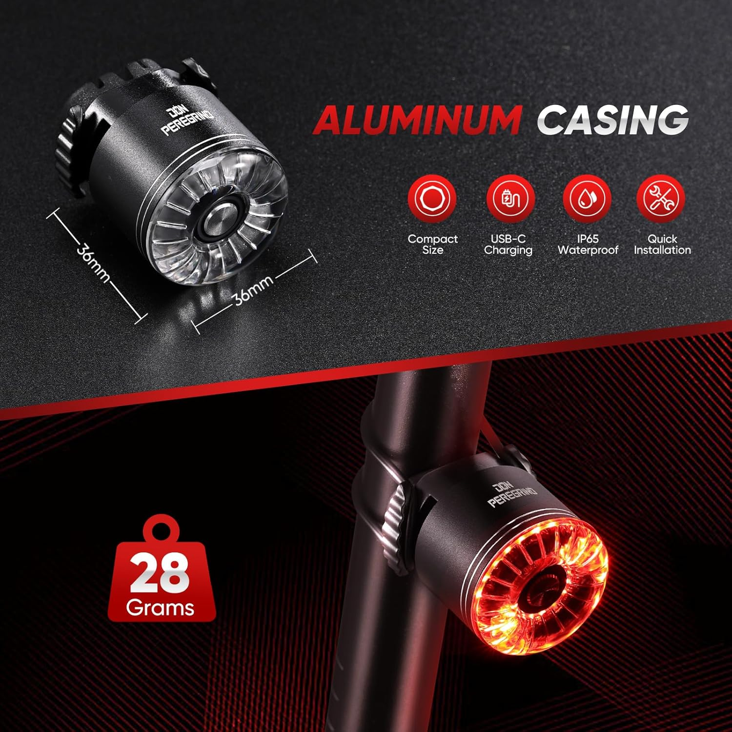 Rear Bike Light 30 Hours Autonomy - Aluminum Casing, Lightweight 28G, Waterproof IP65, USB-C Rechargeable, Quick Mount On/Off, DON PEREGRINO M3